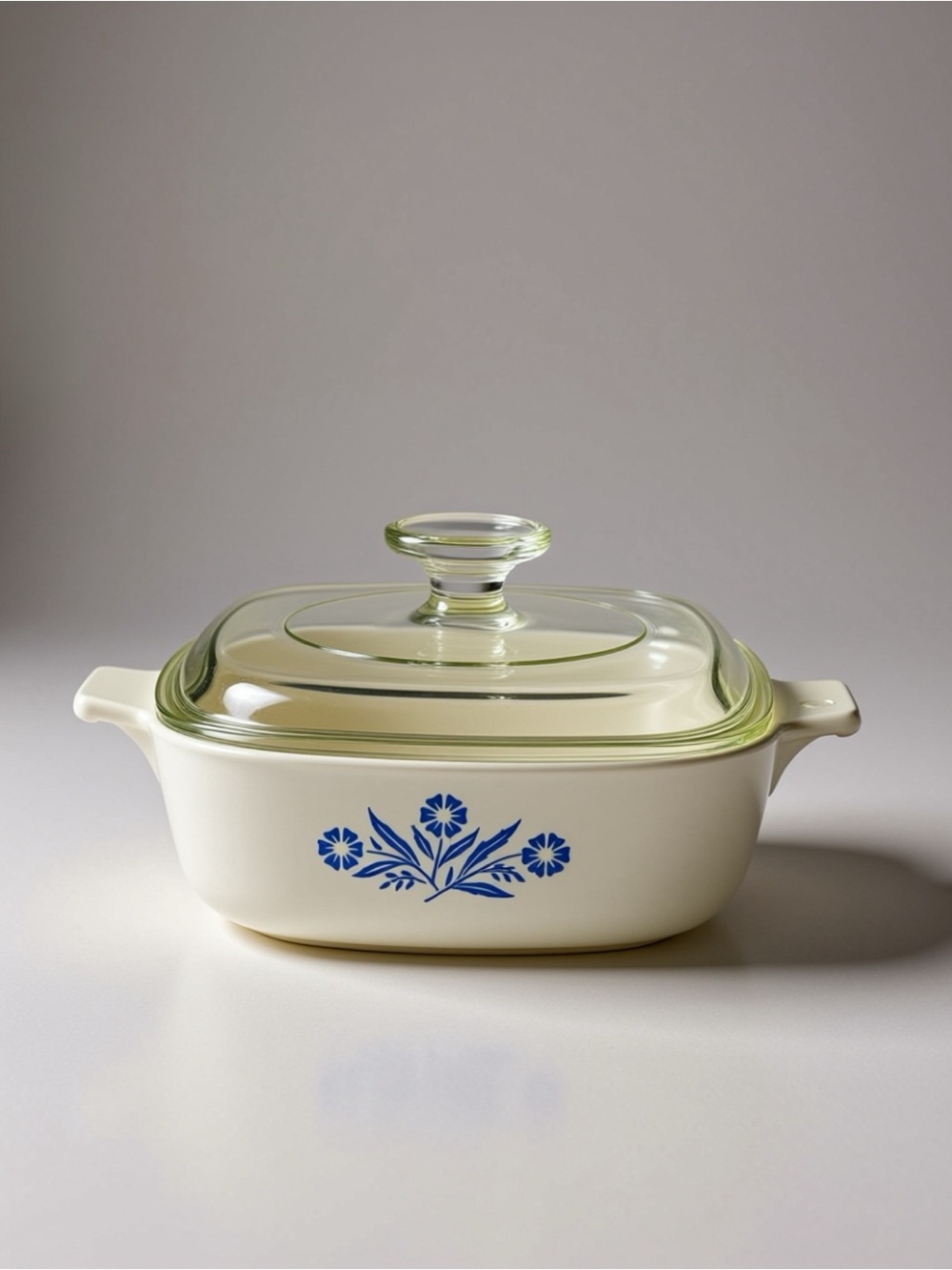 Corningware White Covered Casserole with Blue Logo and Floral Mark